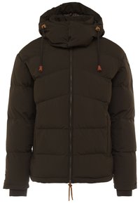 Mørkegrønne puff jakke med lynlås lukning, indsnævret hætte og elastiske manchetter. Har brune accenter og en quiltet mønster.