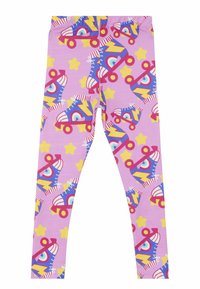 Paars leggings met een kleurrijk patroon van rolschaatsen en sterren. Het materiaal is zacht en heeft een rekbare textuur voor comfort.