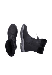 Black winter boots featuring a smooth upper, soft faux fur lining, rubber sole with textured grip, and adjustable cord lock.