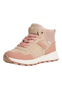 Sneaker alla caviglia beige e rosa in materiali scamosciati e mesh, con suola in gomma testurizzata e chiusura con lacci. Fodera morbida attorno al colletto.