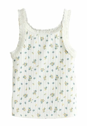 White ribbed sleeveless top with small blue and yellow floral print and lace trim around neckline and armholes.