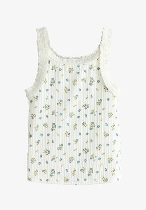 White ribbed sleeveless top with small blue and yellow floral print and lace trim around neckline and armholes.