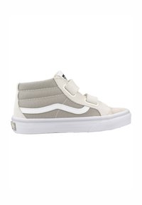 Beige en grijze canvas hoge sneakers, voorzien van witte klittenbandsluitingen, een witte rubberen zool en klassieke strepen aan de zijkant.
