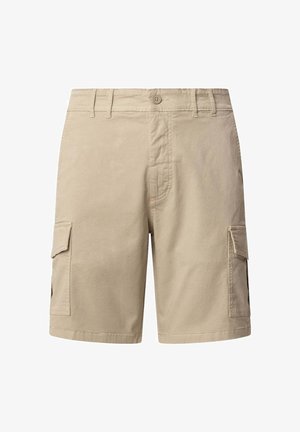 Bež kratke hlače iz bombaža. Imajo dve stranski žepi, gumbasto zaklepanje in podrobnosti šivanja. Ravne hlačnice.