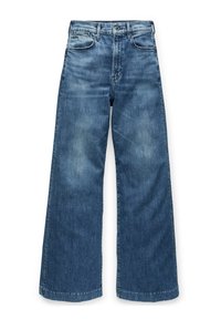 Bredvid benjeans i medelblå. Har en klassisk femfickorsdesign, knappstängning och subtil blekning genom hela byxan.
