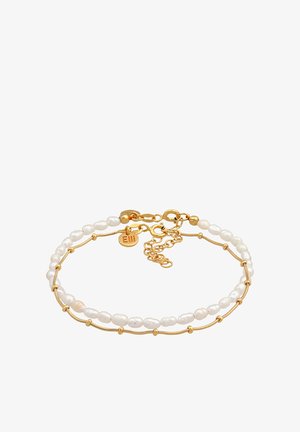 Gold-plated bracelet featuring two strands of irregular white pearls, with small gold accents and a lobster clasp closure.