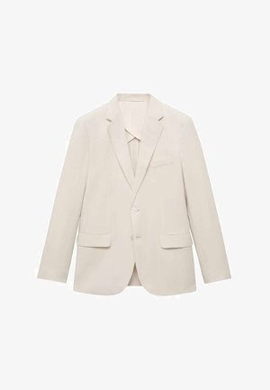 Helle beigefarbene Anzugjacke aus glattem Stoff, mit einem einreihigen Design, Reverskragen und zwei vorderen Taschen.