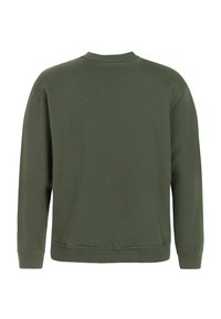 Zielona bluza z okrągłym dekoltem, długimi rękawami oraz prążkowanymi mankietami i dołem. Wykonana z miękkiego materiału o gładkiej fakturze. Widok od tyłu.