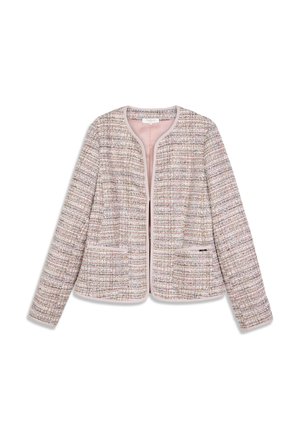 Ružová a viacfarebná károvaná bunda s textúrou, okrúhlym výstrihom, otvoreným predným dielom a dvoma bočnými vreckami, lemovaná mäkkou béžovou podšívkou.
