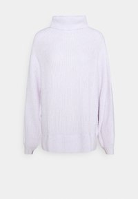 Lilaa neulottu paita, jossa korkea putkihöyhenkaulus, pudotetut olkapäät sekä resorit hihansuissa ja helmassa. Koko kankaan kattava teksturoitu kuviointi.