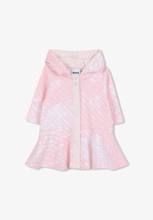 Robe pour petite fille de couleur rose et blanche à motifs, avec capuche, manches longues, ourlet évasé et fermeture à l'avant, étiquetée marque BOSS.
