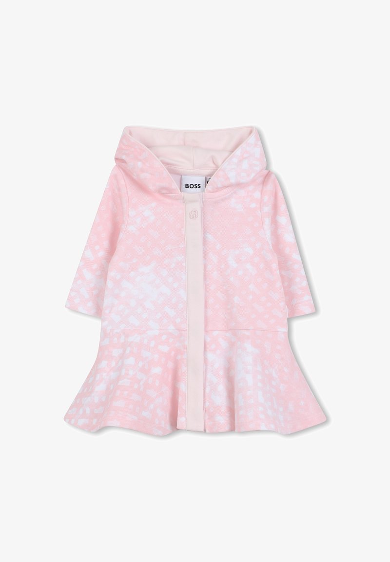 Robe pour petite fille de couleur rose et blanche à motifs, avec capuche, manches longues, ourlet évasé et fermeture à l'avant, étiquetée marque BOSS.