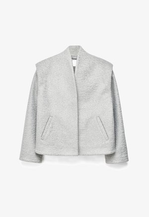 Helehall halli tekstuuriga villa jope avatud esiküljega, pikkade varrukatega ja kahe kaldus esist taskuga, valgel taustal eksponeeritud.