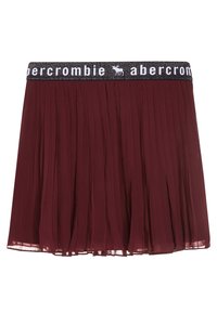 Bordowa plisowana spódnica z czarnym elastycznym pasem, ozdobiona białym napisem "abercrombie" i logo łosia.