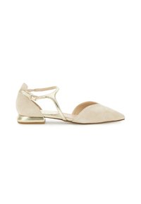 Beige Wildlederballerinas mit spitzem Zehenbereich, goldfarbenen metallischen Akzenten und verstellbarem Knöchelriemen. Niedriger Blockabsatz. Glatte Textur.