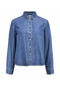 Jeansknappskjorta med klassisk krage, långa ärmar och vita knappar framtill. Mjuk, strukturerad blått tyg.