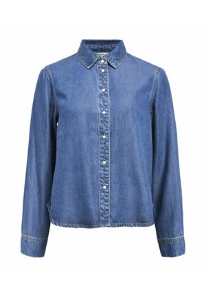 Denim overhemd met knopen, voorzien van een klassieke kraag, lange mouwen en witte knopen aan de voorkant. Zacht, gestructureerd blauw stof.