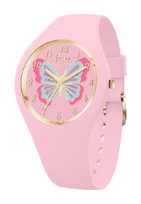 Montre en silicone rose avec un cadran rond ornée d'un design de papillon, des accents dorés et de grands chiffres pour une lecture facile.