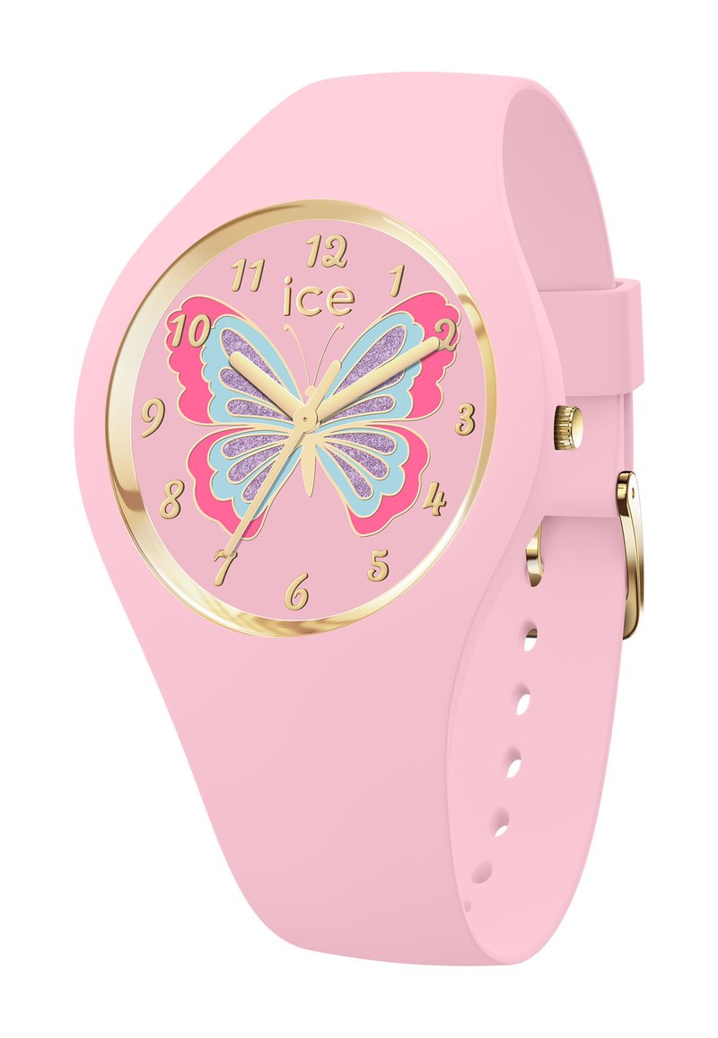Montre en silicone rose avec un cadran rond ornée d'un design de papillon, des accents dorés et de grands chiffres pour une lecture facile.