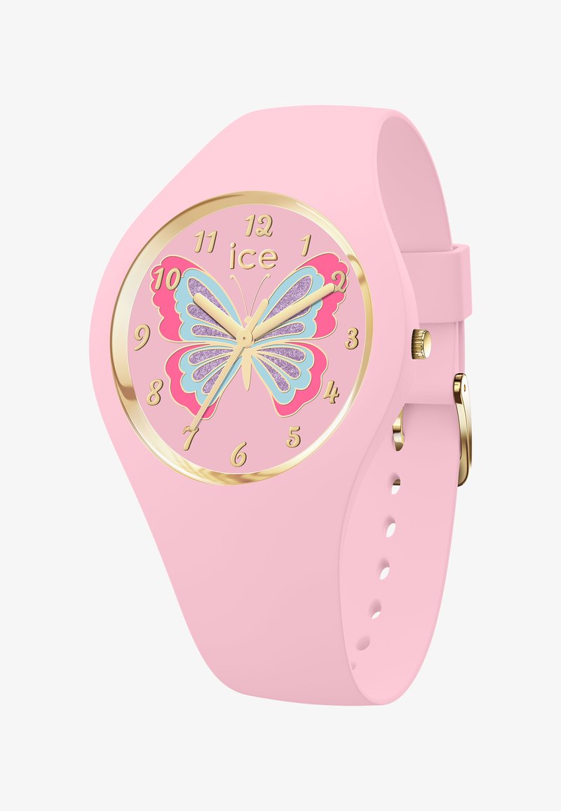 Montre en silicone rose avec un cadran rond ornée d'un design de papillon, des accents dorés et de grands chiffres pour une lecture facile.
