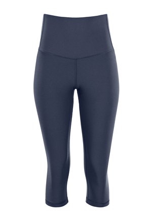 Navy blue, high-waisted capri leggings made from stretchy, smooth fabric with flat seams and ankle-length design.