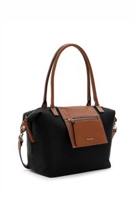 Borsa nera con accenti marroni, realizzata in pelle liscia, con doppio manico e una tasca frontale con zip e cuciture a contrasto.