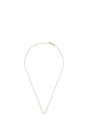 Delicata sottile collana a catena d'oro con chiusura a moschettone, mostrata su uno sfondo bianco semplice.