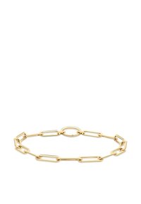 Guldtonet kædearmbånd med aflange led og en central cirkulær accent. Glat tekstur; moderne design; minimalistisk stil.