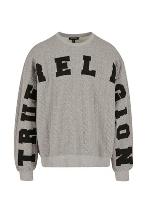 Grau gestrickter Sweatshirt mit schwarzen Blockbuchstaben, die "TRUE RELIGION" buchstabieren. Mit runder Ausschnit und gerippten Bündchen. Weicher Stoff.