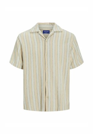 Kortermet knappskjorte med vertikale striper i krem, gul og oransje nyanser. Har klassisk krage og teksturert stoff.