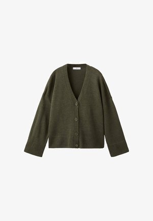 Olive green knitted cardigan with a V-neck, five button closure, and wide ribbed cuffs and hem. Soft texture and relaxed fit.