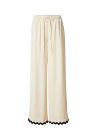 Crème kleurige wijde broek met een elastische tailleband en een trekkoord. De onderzoom heeft zwarte geschulpte details. Zacht, licht materiaal.