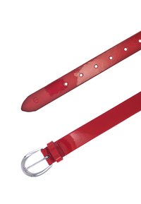 Red glossy leather belt with silver buckle and multiple adjustment holes, shown flat on a white background.