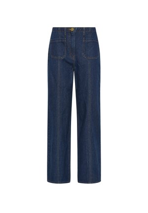 Jeans in denim blu scuro a vita alta con design a gamba dritta. Presentano cuciture visibili, tasche frontali e posteriori, e chiusura con bottone.