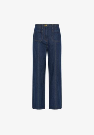 Jeans in denim blu scuro a vita alta con design a gamba dritta. Presentano cuciture visibili, tasche frontali e posteriori, e chiusura con bottone.