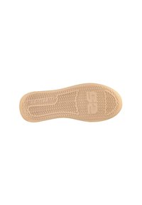 Sottopiede per scarpe con una superficie in gomma testurizzata di colore crema. Presenta un motivo ondulato e un logo in rilievo. Piatto, con un'area per le dita arrotondata.