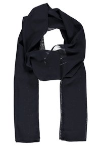 Sort tørklæde lavet af letvægtsstof, med en glat tekstur og en lang, drapering design, med transparente kanter for bemærkelsesværdig detalje.