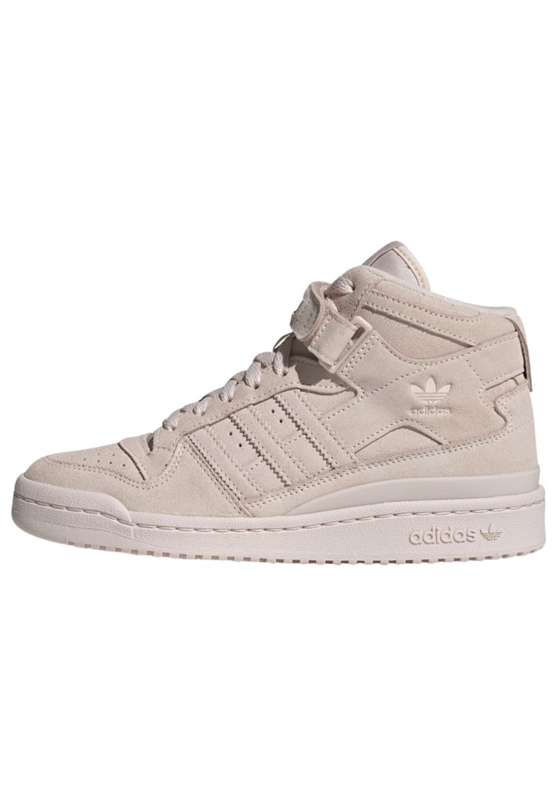 Beige high-top sneaker made of suede, featuring three side stripes, a strap across the ankle, and a textured rubber sole.