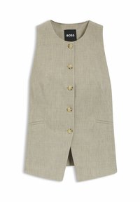 Beżowa bezrękawnikowa kamizelka z zaokrąglonym dekoltem, zapięciem na pięć guzików z przodu, dwoma bocznymi kieszeniami, subtelną fakturą i etykietą "BOSS" na dekolcie.