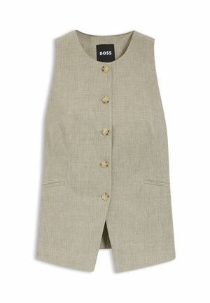 Beige hihaton liivi, jossa pyöreä pääntie, viisi nappia edessä, kaksi sivutaskua, hienovarainen tekstuuri ja pääntiessä "BOSS"-merkki.