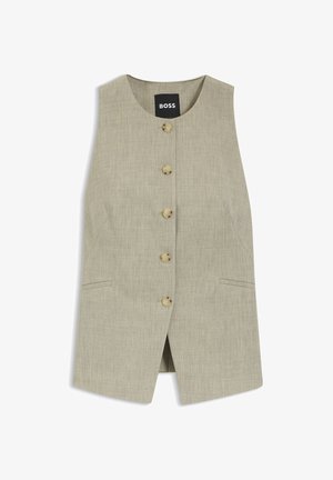 Gilet beige senza maniche con scollo arrotondato, cinque bottoni frontali, due tasche laterali, trama sottile e etichetta "BOSS" sul collo.