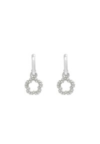 Silver drop earrings featuring circular designs adorned with small clear crystals. Smooth metal finish with a polished appearance.