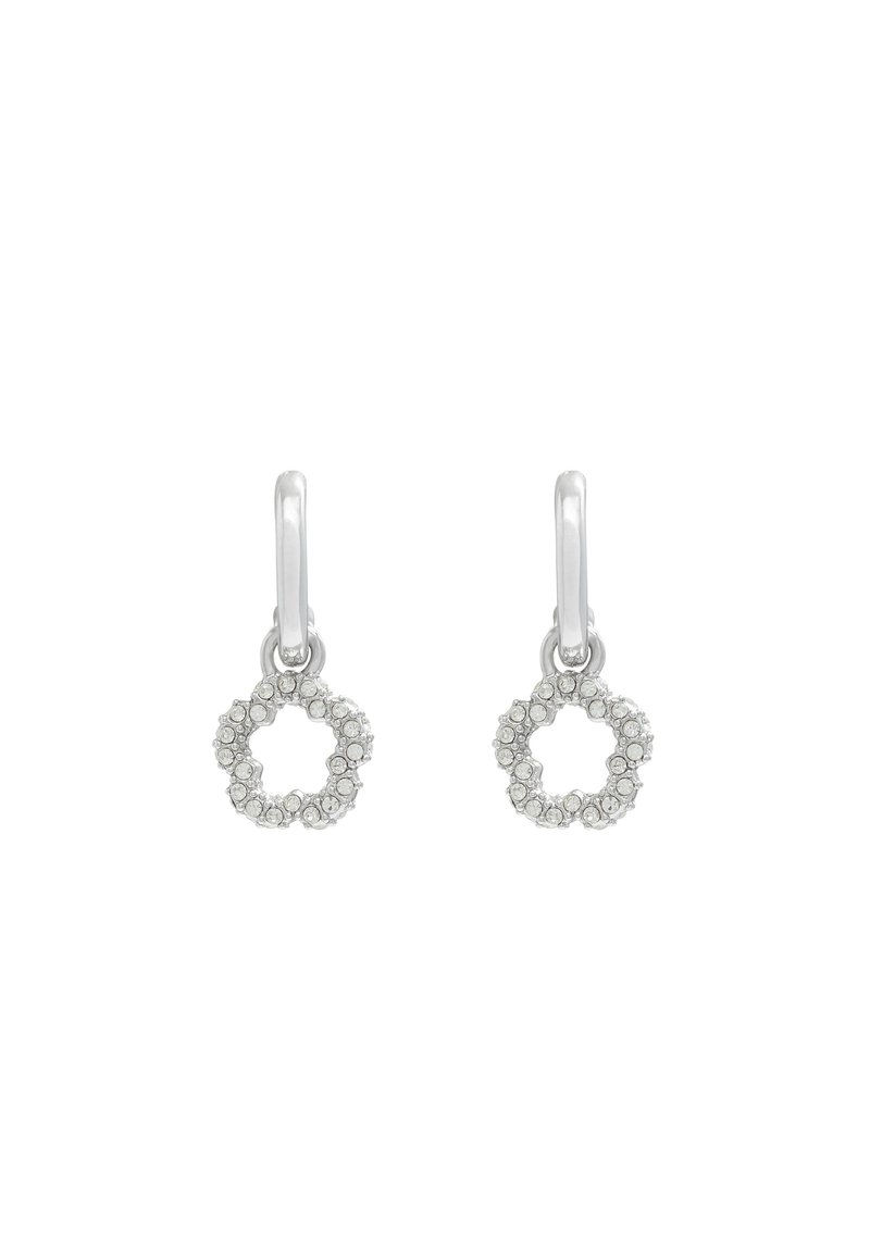 Silver drop earrings featuring circular designs adorned with small clear crystals. Smooth metal finish with a polished appearance.