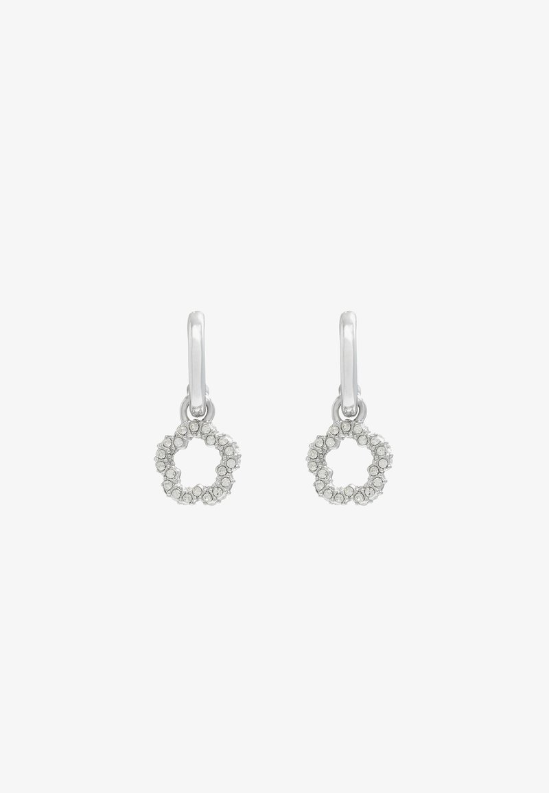Silver drop earrings featuring circular designs adorned with small clear crystals. Smooth metal finish with a polished appearance.
