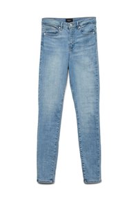 Jean en denim slim bleu clair avec poches avant et fermeture par boutons, présenté à plat sur un fond blanc.