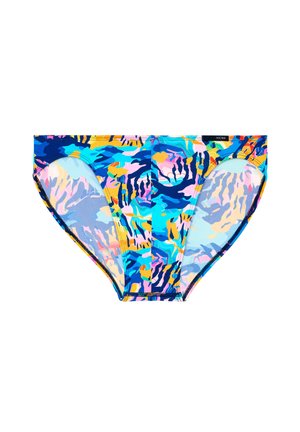 Barevné plavky v živém potisku modré, růžové, žluté a oranžové barvy s hladkým povrchem a podšívkou pro pohodlí.