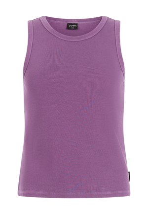 Mouwloos paars geribd tanktop met ronde hals, maat S36, met het label "protest" aan de binnenkant van de kraag.