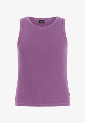 Mouwloos paars geribd tanktop met ronde hals, maat S36, met het label "protest" aan de binnenkant van de kraag.