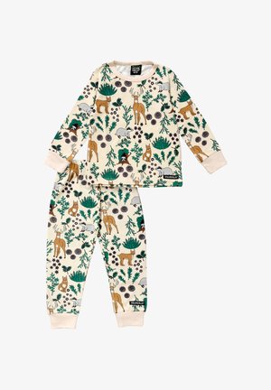 Kremfarvede pyjamas med naturinspireret tryk med hjorte, ræve og grønne planter. Fremstillet af blødt stof, inkluderer lange ærmer og elastiske manchetter.