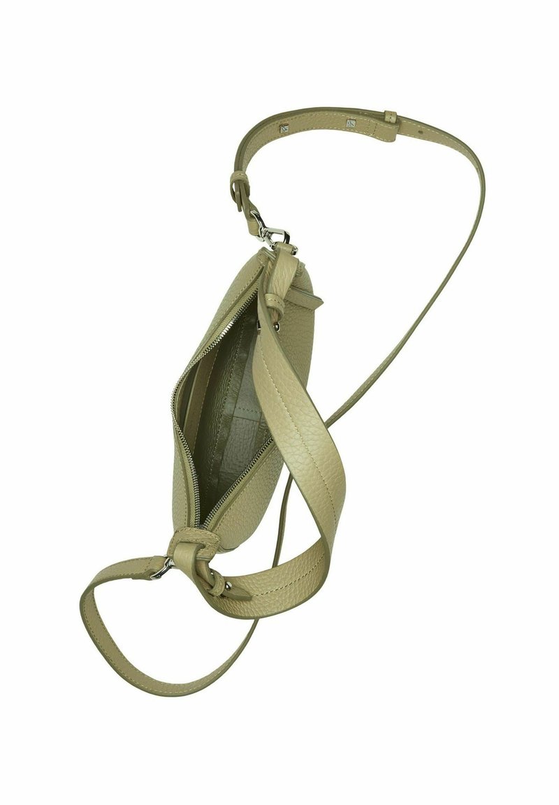 Hellgrüne Lederhandtasche mit strukturiertem Oberflächendesign, einem Reißverschluss und einem verstellbaren Tragegurt. Das Innere ist mit einem glatten Futter ausgestattet.